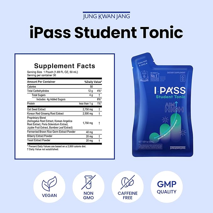 JUNG Kwan Jang iPass Student Tonic - Adaptogen Energy Drink Supplement with Korean Red Ginseng, Jujube, Astragalus & Angelica - Daily Support for School and Activities (30 Pouches, 1.69 fl oz)