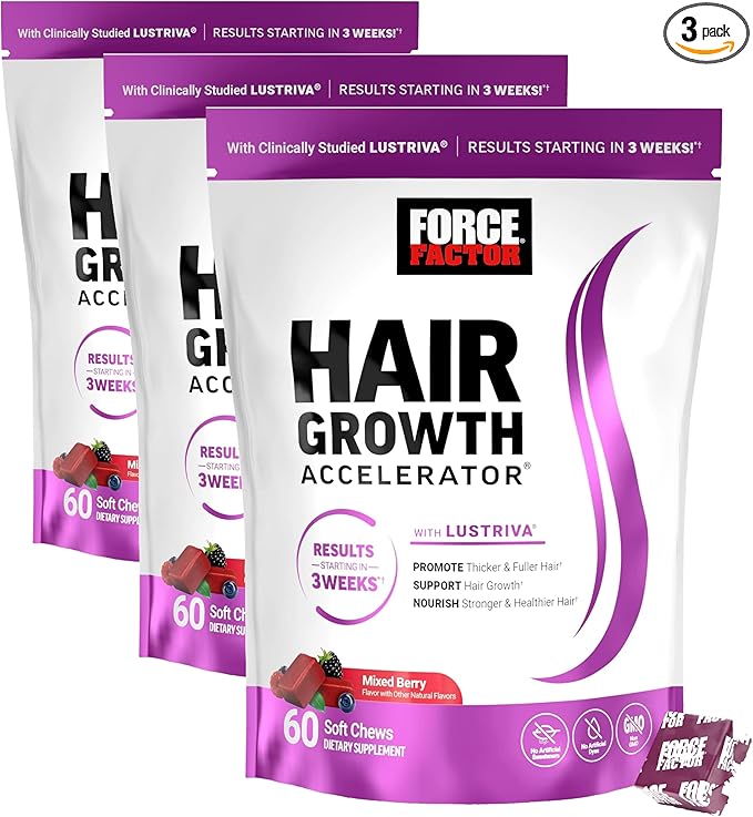 Force Factor Hair Growth Accelerator Soft Chews, Hair Growth Vitamins for Women and Men with Clinically Studied Lustriva and Biotin, Promotes Thicker, Fuller, Stronger Hair, Mixed Berry, 60 Soft Chews