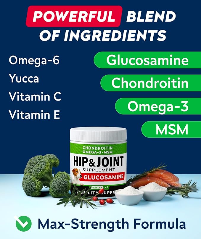 Glucosamine Treats for Dogs - Hip & Joint Supplement w/Omega-3 Fish Oil - Chondroitin, MSM - Advanced Mobility Chews - Joint Pain Relief - Hip & Joint Care - Bacon Flavor - 180 Ct - Made in USA