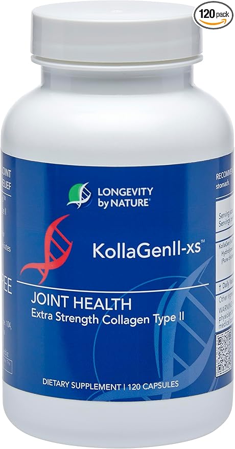 Longevity by Nature Extra Strength KollaGen II-XS- Collagen Type II with Hyaluronic Acid, Chondroitin, and Glucosamine – Joint Support, 120 Capsules.