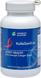 Longevity by Nature Extra Strength KollaGen II-XS- Collagen Type II with Hyaluronic Acid, Chondroitin, and Glucosamine – Joint Support, 120 Capsules.