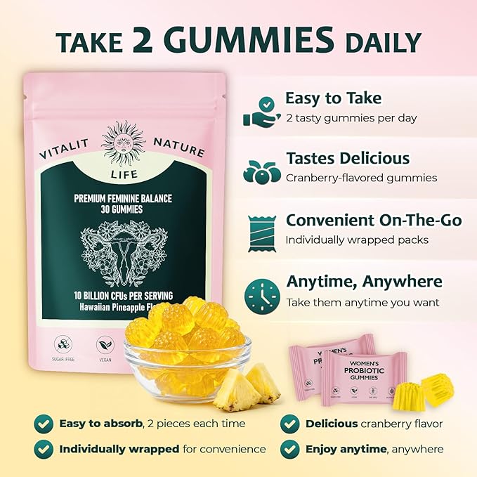 Premium Feminine Balance Gummies for Women, Feminine Balance & Digestive Support, Immune Support, Vegan & Gluten Free, Hawaiian Pineapple Flavor, 30 Gummies