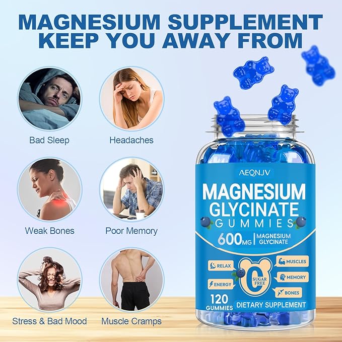 Magnesium Glycinate Gummies 600mg, Chewable Sugar Free Potassium Magnesium Gummies with Manganese Glycinate, Vitamin D, B6, and CoQ10 for Calm Support & Sleep for Adults, 60 Days Supply