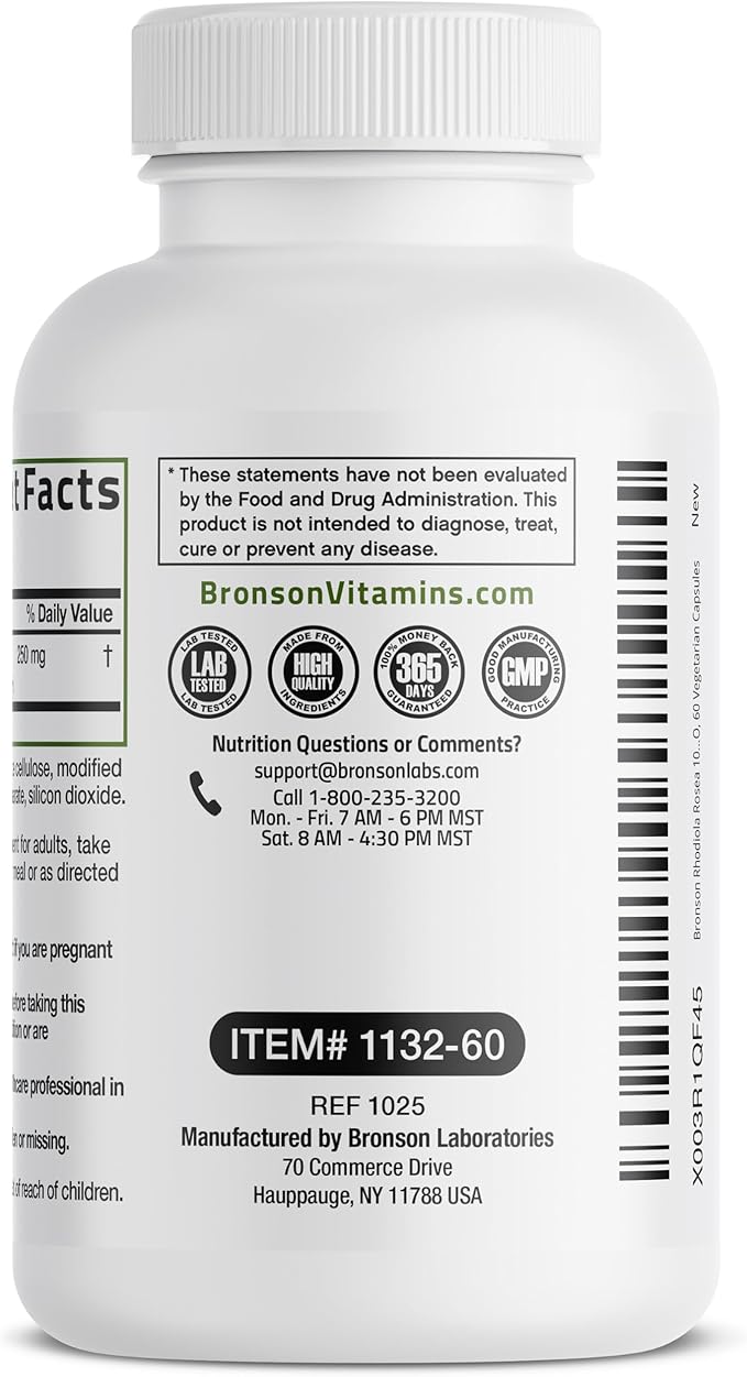 Bronson Rhodiola Rosea Vegetarian Capsules - Adaptogenic Herb - Brain, Stress & Mood Support - Non-GMO, 60 Count