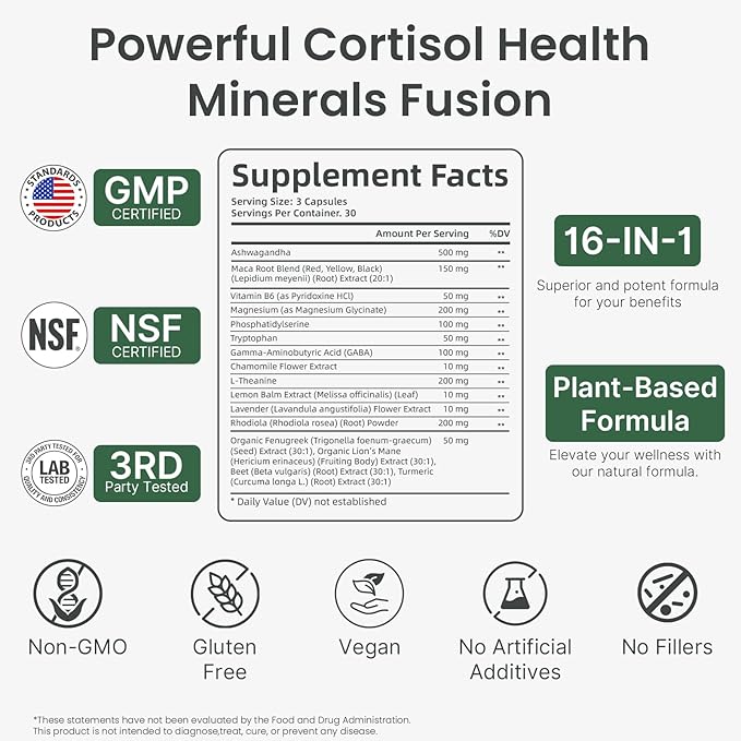 Cortisol Supplements for Women and Men, High Cortisol Reducer with Ashwagandha, Magnesium, Rhodiola, & L-Theanine-Supports Cortisol Calm, Sleep & Stress Relief–90 Capsules
