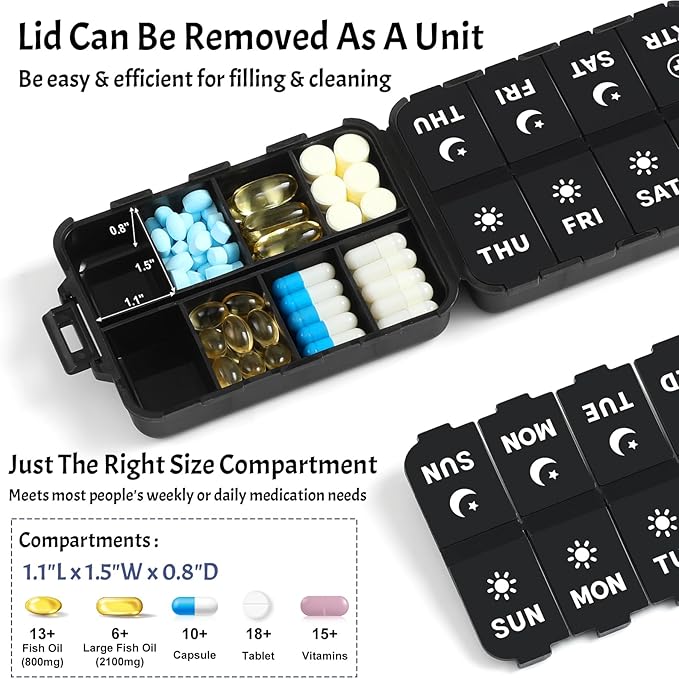 Foldable Weekly Pill Organizer 2 Times a Day with 2 Extra Compartments (Clear Printed Labels) - Portable 7 Day AM PM Medicine Box, Week Daily Travel Pill Case Holder for Vitamin, Supplement - Black