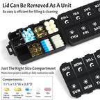 Foldable Weekly Pill Organizer 2 Times a Day with 2 Extra Compartments (Clear Printed Labels) - Portable 7 Day AM PM Medicine Box, Week Daily Travel Pill Case Holder for Vitamin, Supplement - Black