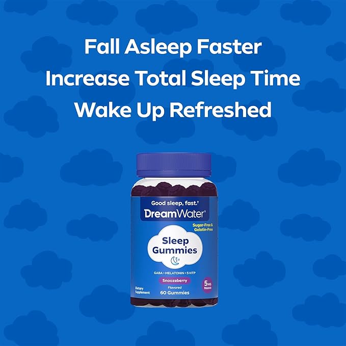Dream Water Sleep Gummies (60 Count) Sleep Aids for Adults - 5mg Melatonin, GABA, 5-HTP - Natural Snoozeberry Flavor (Blue Raspberry) - Easy Chew Melatonin Gummies - Sugar Free, Gluten Free, Vegan