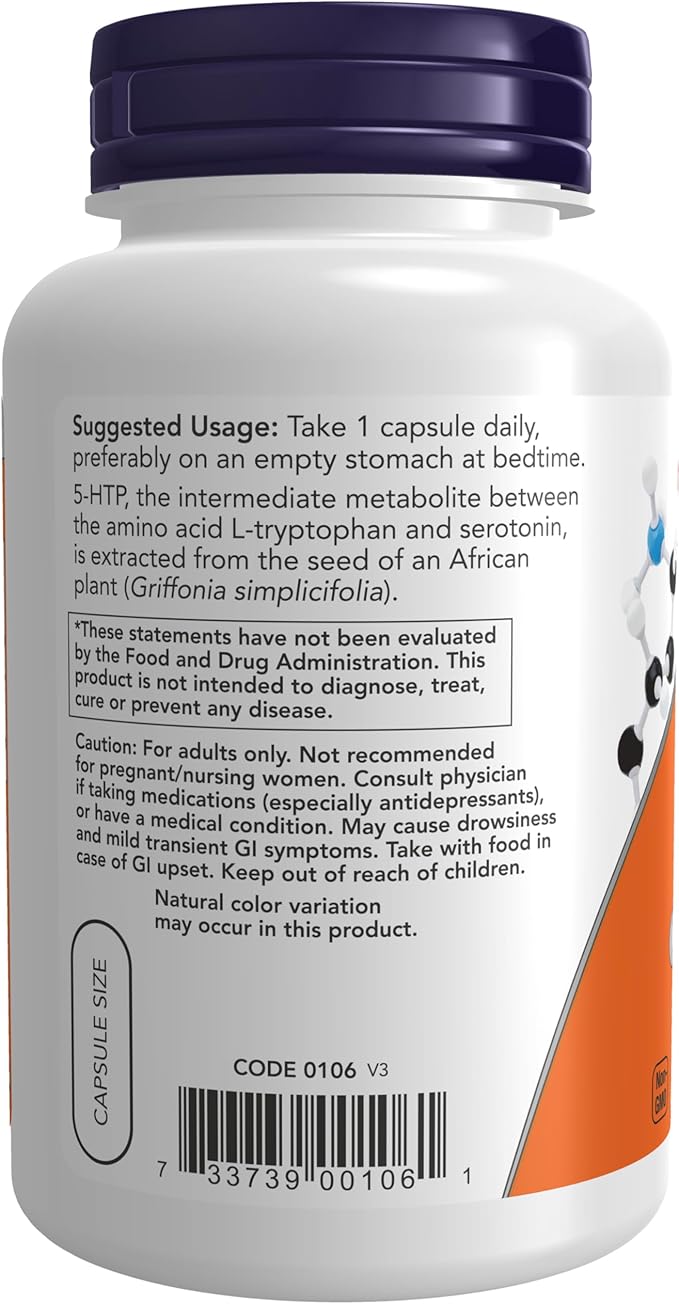 NOW Supplements, 5-HTP (5-hydroxytryptophan) 100 mg, Neurotransmitter Support*, 120 Veg Capsules
