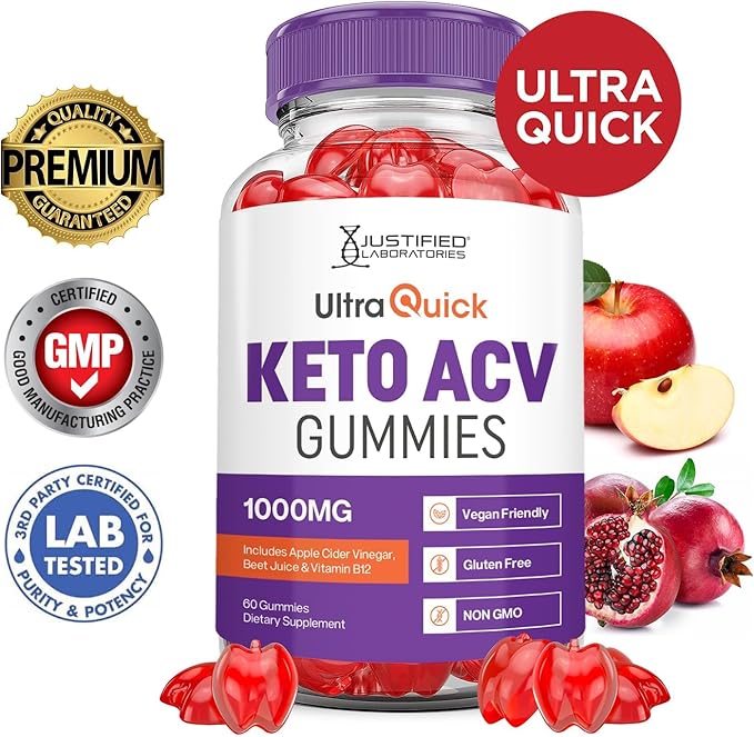 Justified Laboratories Ultra Quick Keto ACV Gummies Advanced Formula 1000MG Ultraquick Keto Gummies Apple Cider Vinegar Formulated with Pomegranate Beet Juice Powder B12 Vegan Non GMO 60 Gummys