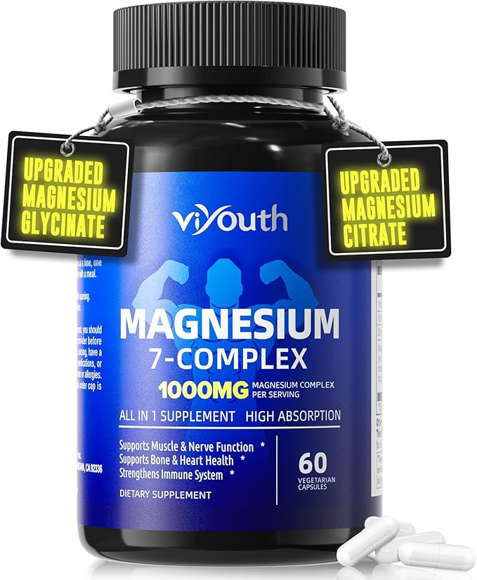 Magnesium 7 Complex Supplement Advanced with Glycinate Citrate Malate Chelate Taurate Orotate Aspartate, Capsules with Zinc, Vitamin D3 & B6 for Sleep, Muscle Relief, 60 Capsules