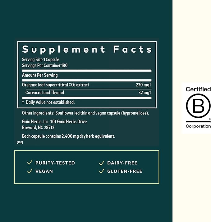Gaia Herbs Oil of Oregano - Immune & Antioxidant Support Supplement - with Oregano Oil, Carvacrol & Thymol* - 180 Vegan Liquid Phyto-Caps (180 Servings)