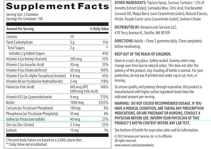 Amazon Basics Women's Multivitamin, Mixed Berry Flavor, Vegetarian & Gluten-Free, 300 Gummies (150 Servings) (Previously Solimo) (Pack of 3)