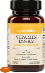 NatureWise Vegan Vitamin D3 + K2 with Organic Coconut MCT Oil - Natural D3 5000IU + Natural K2 100mcg - High Absorption Bone Support - Soy & Gluten Free - USA Manufactured - 90 Softgels[90-Day Supply]