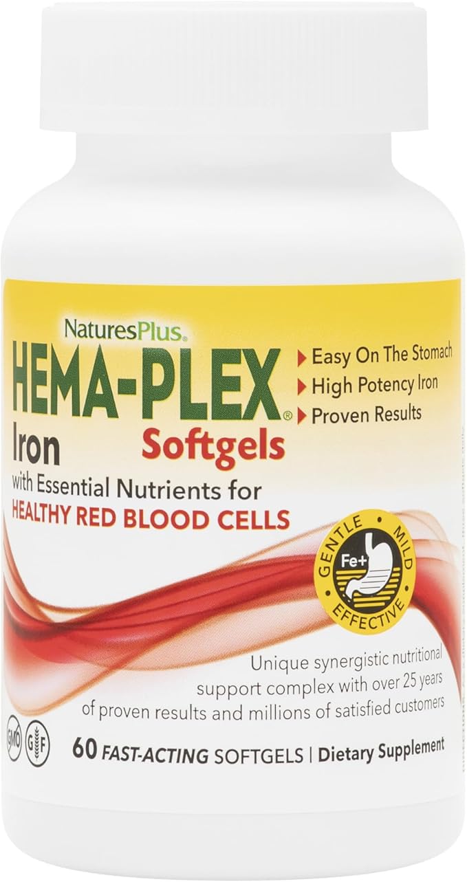 NaturesPlus Hema-Plex Iron - 60 Fast-Acting Softgels - 85 mg Iron + Vitamin C & Bioflavonoids for Healthy Red Blood Cells - Gluten Free - 20 Servings