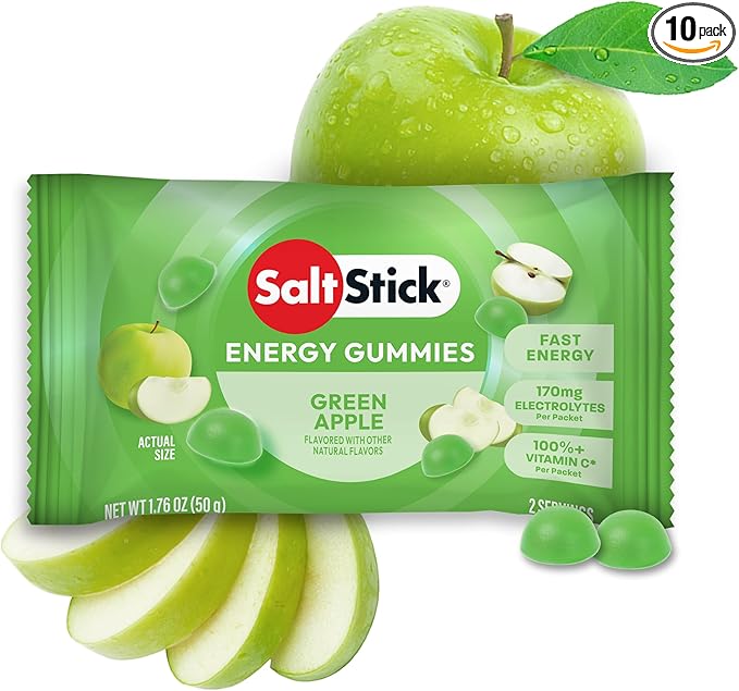 SaltStick Energy Gummies with Electrolytes, Green Apple, Easy to Chew, 10 Packs, 80 Gummies