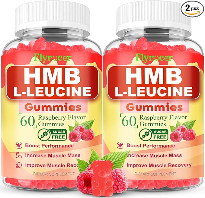 2 Pack HMB and L-Leucine Gummies, HMB and Leucine for Muscle Growth, Muscle Relief, for Men & Women, Vegan, Sugar-Free, Raspberry Flavor, 120 Count