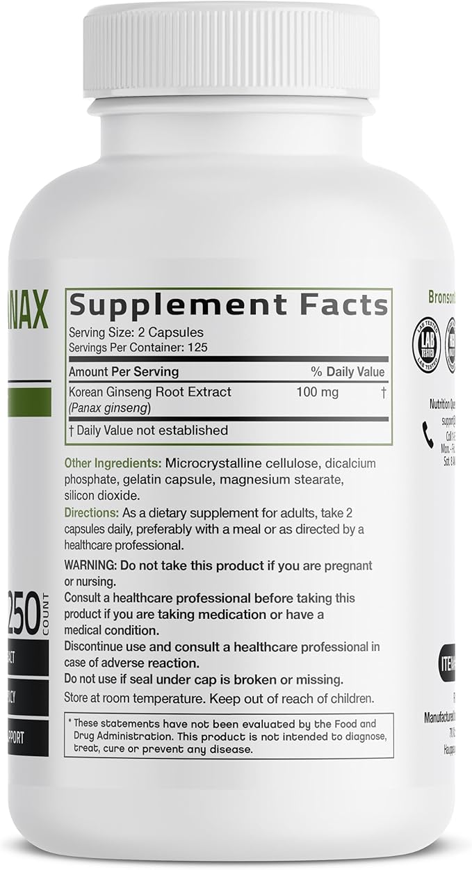 Bronson Korean Panax Ginseng Supports Energy, Endurance & Vitality + Memory and Mental Performance, 250 Capsules