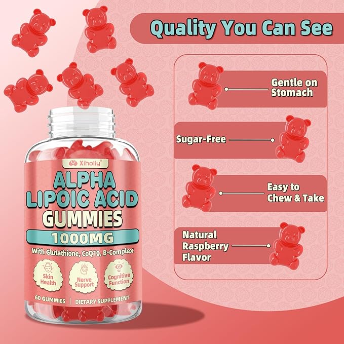 Alpha Lipoic Acid Gummies 1000 MG, High Potency Chewable ALA Supplement with Glutathione, CoQ10, Vitamin B Complex for Antioxidant, Cognitive, Nerve* Support, Sugar-Free, Raspberry Flavor, 60 Counts