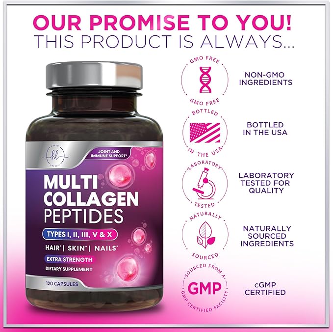 Multi Collagen Peptides Complex - Advanced Hydrolyzed Collagen Supplement Pills with Type I, II, III, V & X - Hair, Skin, Nail & Joint Support Supplement for Women & Men - USA Bottled - 120 Capsules
