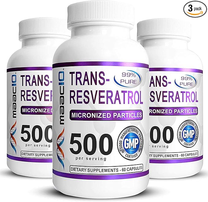 MAAC10 - Trans Resveratrol 500mg 3-Pack (Micronized Pharmaceutical Grade 99% Pure Trans-Resveratrol Extract + BioPerine for Superior Absorption).