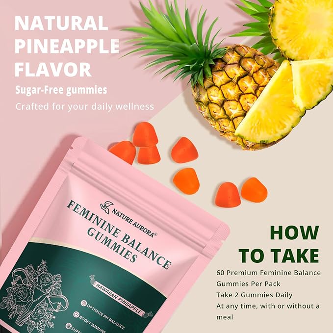 Premium Feminine Balance Gummies - Women's pH Balance & Vaginal Probiotics Support with Immune Support - Vegan, Gluten-Free - Hawaiian Pineapple Flavor - 60 Count