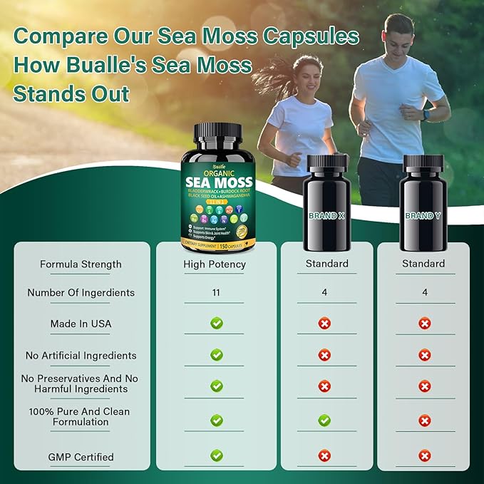 Bualle Irish Sea Moss Capsules – Organic Sea Moss, Black Seed Oil, Ashwagandha Supplements with Bladderwrack, Ginger & Burdock Root – Supports Daily Wellness, Skin & Energy – 150 Count (1 Pack)