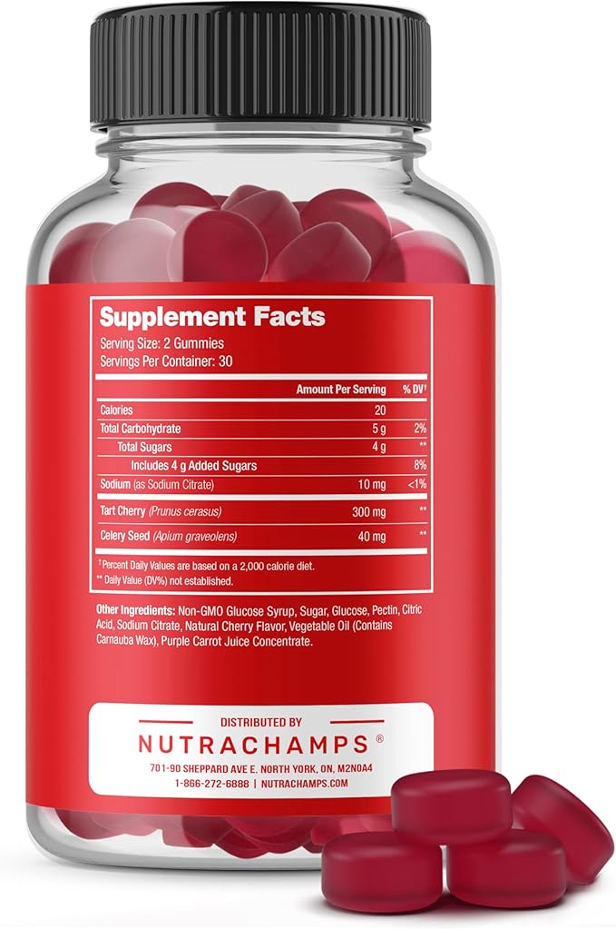 NutraChamps Tart Cherry Gummies - Tart Cherry Extract with Celery Seed - 60 Vegan Gummies
