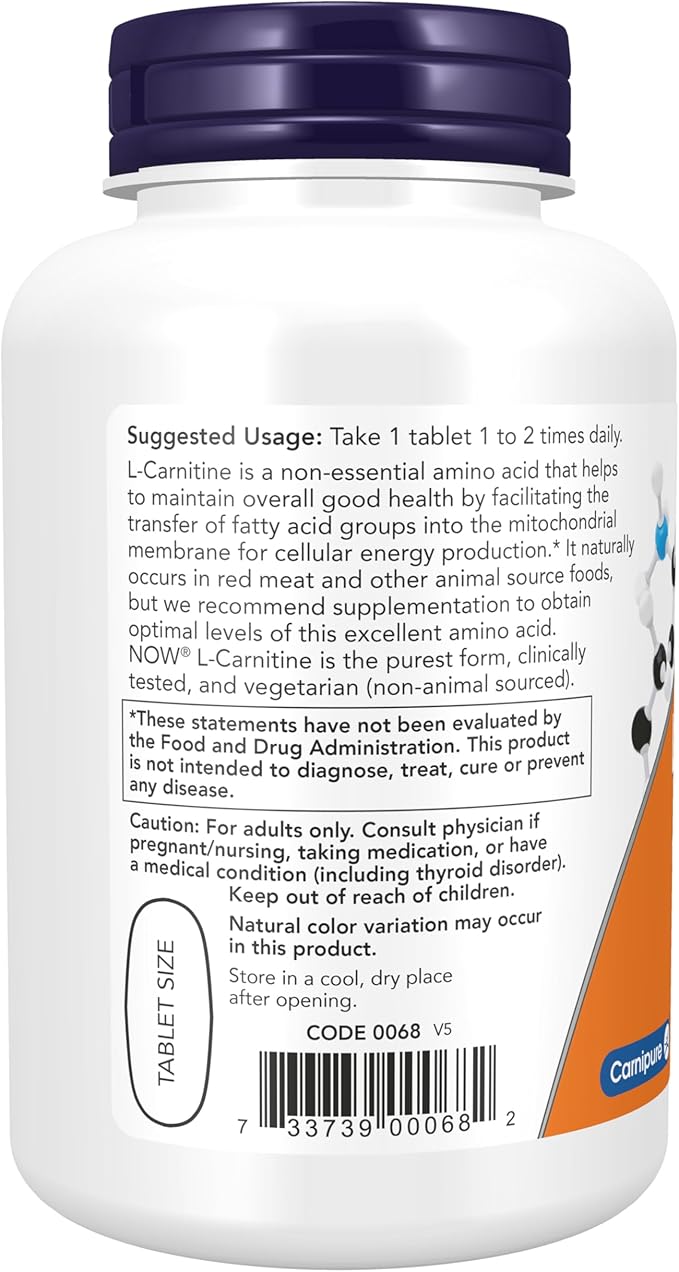 NOW Foods Supplements, L-Carnitine 1,000 mg, Purest Form, Amino Acid, Fitness Support*, 100 Tablets
