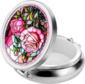 WLLHYF Pill Box Cute Small Pill Box for Purse & Pocket Medicine Organizer Travel Pillbox Waterproof Pill Case Metal Pill Container Holder for Vitamins, Fish Oil, Supplements (Silver Peony)