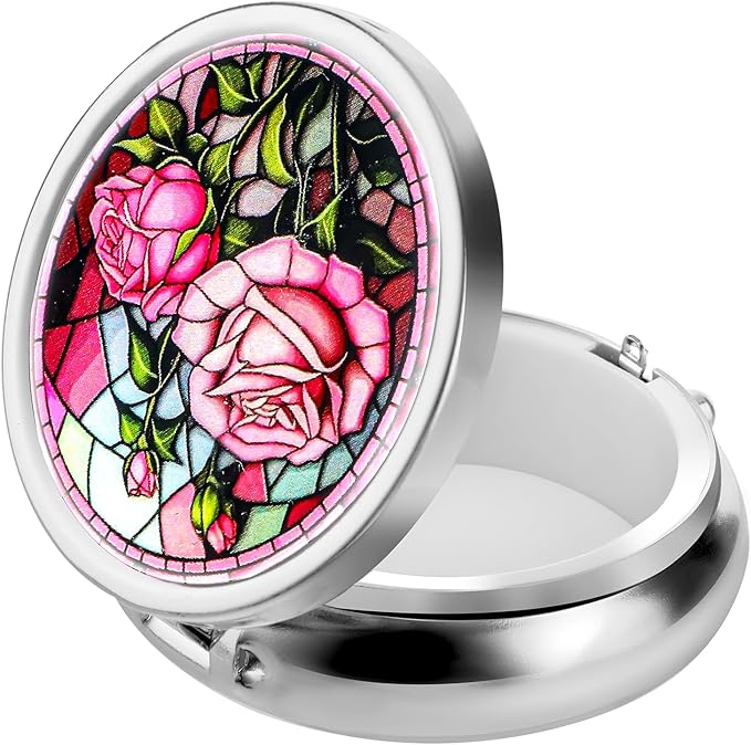 WLLHYF Pill Box Cute Small Pill Box for Purse & Pocket Medicine Organizer Travel Pillbox Waterproof Pill Case Metal Pill Container Holder for Vitamins, Fish Oil, Supplements (Silver Peony)