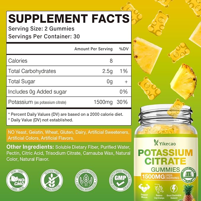 2 Pack Potassium Citrate Gummies 1500mg, Potassium Supplement Gummies for Adults Women & Men, Support Leg Cramps & Muscle Health, Sugar-Free, Pineapple Flavor, 120 Count