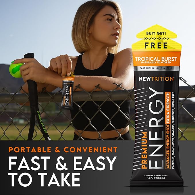 NewTrition® Extra Strength Energy Shots, 1.7 fl oz - 250mg Caffeine with Vitamin B & Amino Acids, Sugar-Free, Zero Calorie Vitamin Energy Drink for Focus & Endurance (Pack of 12, Tropical Burst)