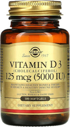 Solgar Vitamin D3 (Cholecalciferol) 125 MCG (5000 IU), 100 Softgels - Helps Maintain Healthy Bones & Teeth - Immune System Support - Non GMO, Gluten-Free, Dairy Free - 100 Servings