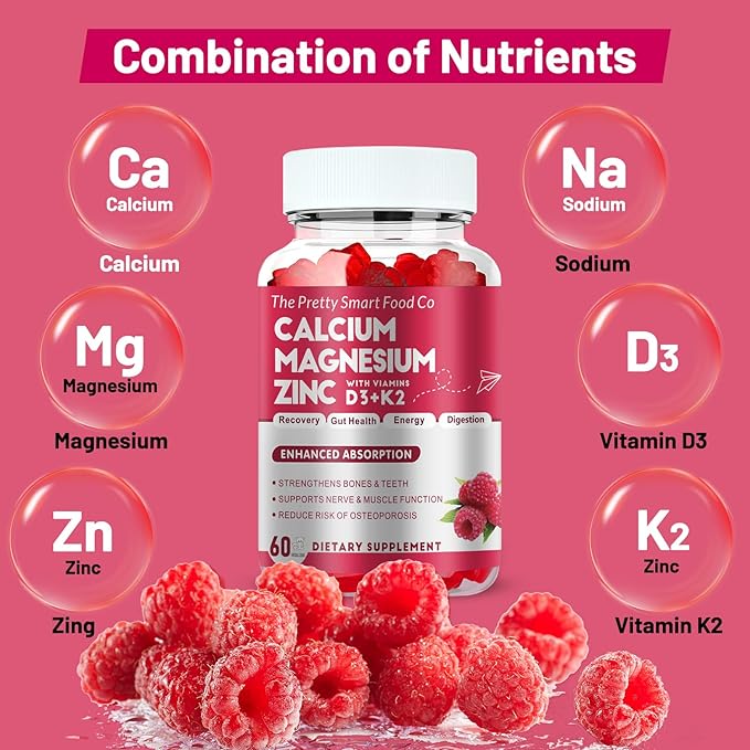 Calcium Magnesium Zinc Gummies with Vitamin D3 & K2 for Bone, Muscle & Immune Support - High Potency Enhanced Absorption - 60 Raspberry Gummies