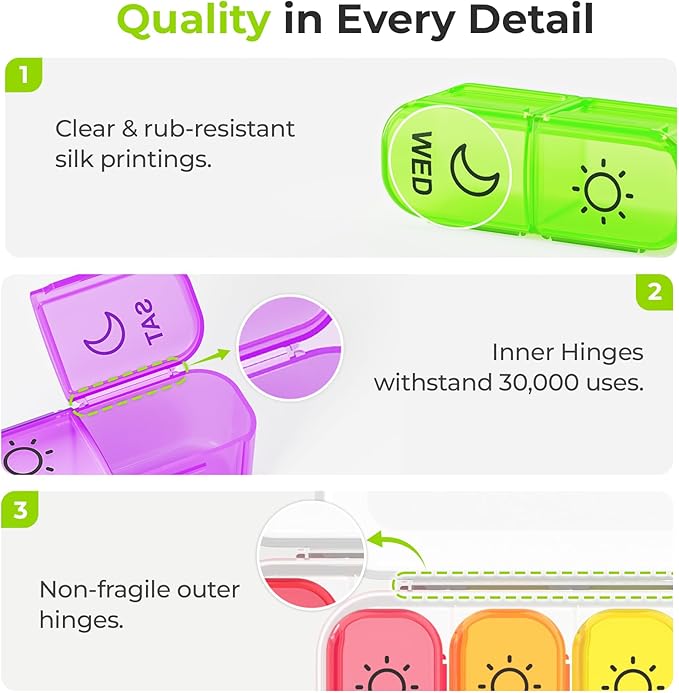 AUVON Weekly Pill Organizer 2 Times a Day in 7 Colors with Face-Up Labels for Easy Organization, Portable AM PM Pill Box 7 Day with Dual Protection Keeps Medications, Vitamins, Fish Oils from Spills
