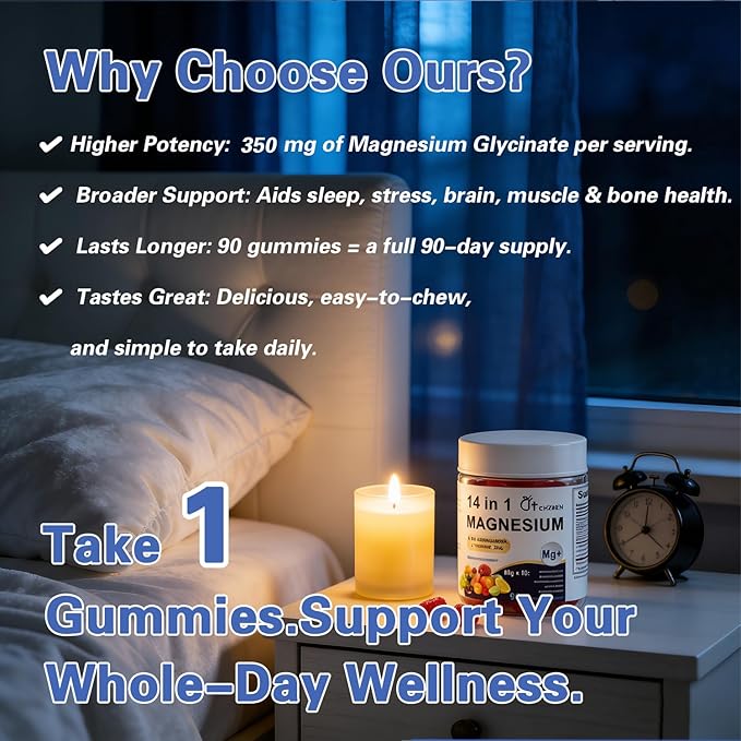 Magnesium 14-in-1 Complex Gummies with Ashwagandha & L-Theanine, Zinc | Deep Clamly Magnesium Glycinate Gummies, Stress Relief & Calm Support Formula | Vegan, Sugar-Free Supplement, 90 Count