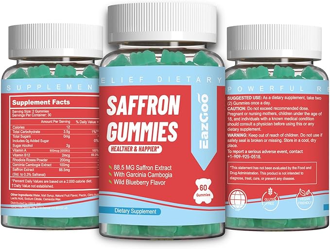 Saffron Supplements Gummies, Saffron Extract for Positive Mood & Calm Nerve, Boost Energy, with Garcinia Cambogia, Vitamin A, B12, Rhodiola Rosea - 120 Gummies