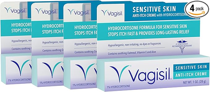 Vagisil Feminine Anti-Itch Cream for Women, Sensitive Skin Formula with Hydrocortisone, Helps relieve Yeast Infection Irritation, Gynecologist Tested, Soothes & Cools, 1oz (Pack of 4)