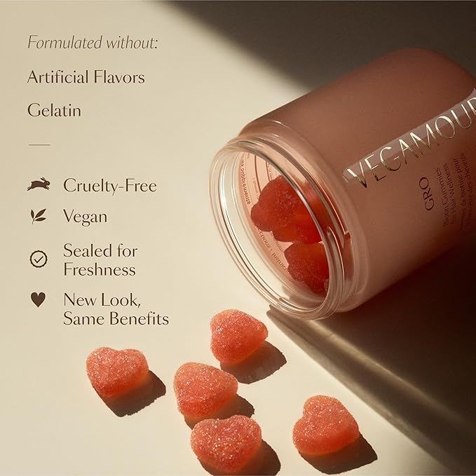 VEGAMOUR GRO Biotin Gummies, Strawberry Flavor with 5000 mcg Biotin, Supports Healthy Hair Vegan Gummies with Vitamins A, B, C, E, B-12 & More, 30 Ct (Pack of 2)