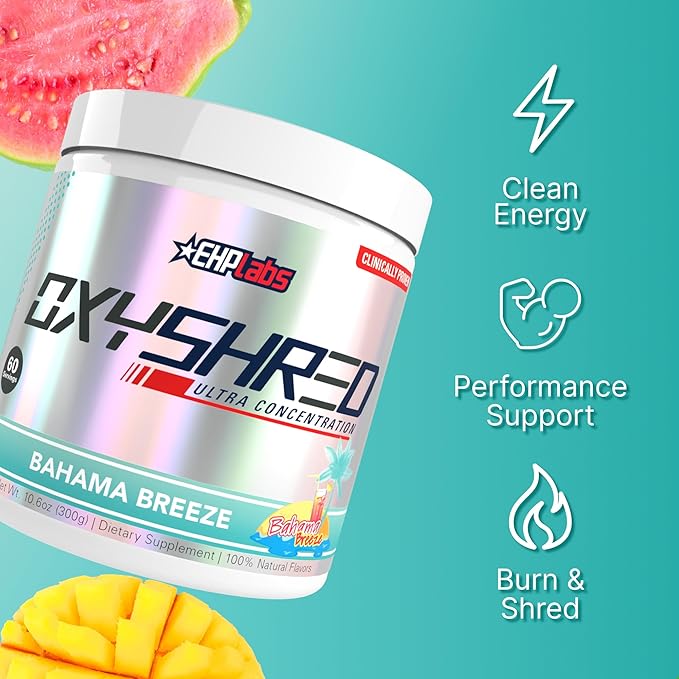 EHP Labs OxyShred Pre Workout Powder - Preworkout Powder with L Glutamine & Acetyl L Carnitine, Energy Boost Drink - Bahama Breeze/Beach, 60 Servings