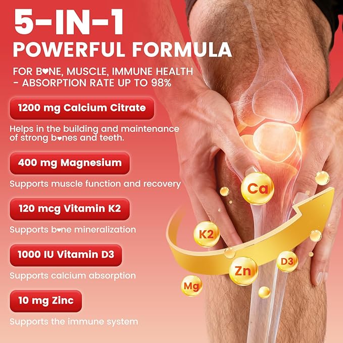Calcium Citrate Gummies 1200mg, High Absorption Calcium Supplements with Vitamin D3, K2, Magnesium, Zinc for Bone, Muscle & Immune Support, Calcium Gummies for Women & Men, Strawberry Flavor 120 Count