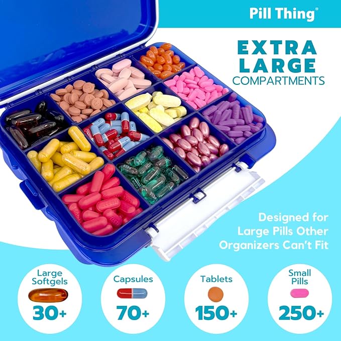12 Compartment Large Pill Case with Airtight Seal - Silicone Gasket Waterproof Med Box with Medication Map and Medical Alert Card (Blue, 1 Pack)