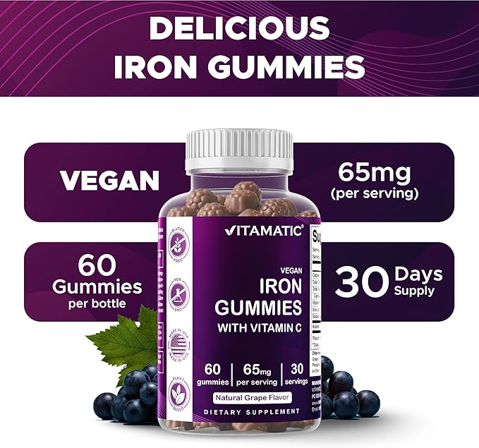 Vitamatic Iron 65 mg Gummies Supplement for Women & Men - 60 Vegan Gummies - Great Tasting Iron Gummy Vitamins with Vitamin C (1)