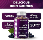 Vitamatic Iron 65 mg Gummies Supplement for Women & Men - 60 Vegan Gummies - Great Tasting Iron Gummy Vitamins with Vitamin C (1)