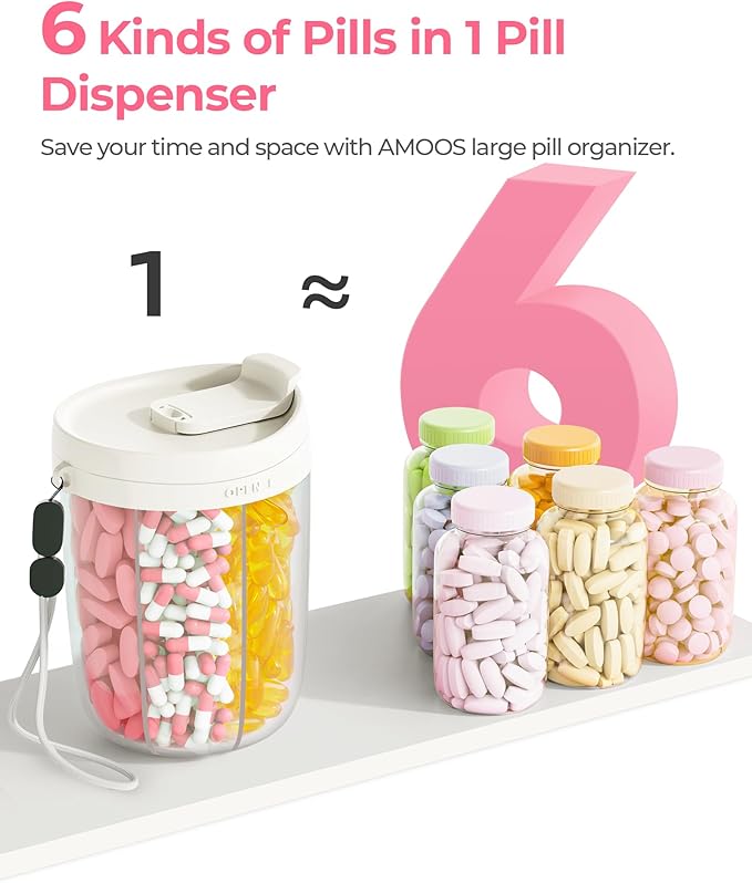 AMOOS Large Pill Dispenser with 6 Compartments, Anti-Mix Pill Bottle Organizer with Wide Opening & Easy Retrieval, Vitamin Organizer for Travel, BPA-Free Pill Box with a Strap, White
