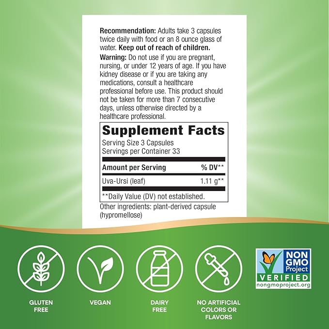 Nature's Way Uva Ursi Leaves, Traditional Urinary Support*, 1,110 mg per 3-Capsule Serving, Non-GMO Project Verified, Herbal Dietary Supplement, Gluten Free, 100 Vegan Capsules (Packaging May Vary)