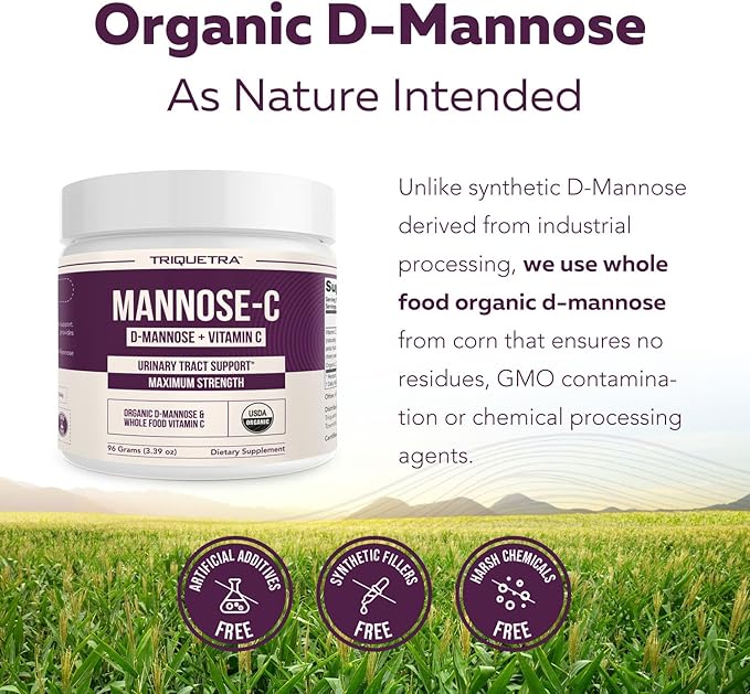 Mannose-C - Organic D Mannose Powder + Whole Food Vitamin C, Natural UTI Support Supplement to Flush & Cleanse Urinary Tract, Certified Organic Urinary Health for Women, Vegan, Non-GMO (60 Servings)