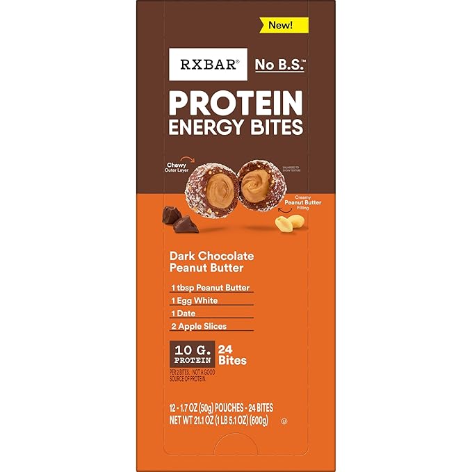RXBAR Protein Energy Bites, Gluten Free Protein Balls, Dark Chocolate Peanut Butter, 21.1oz Box (24 Bites)