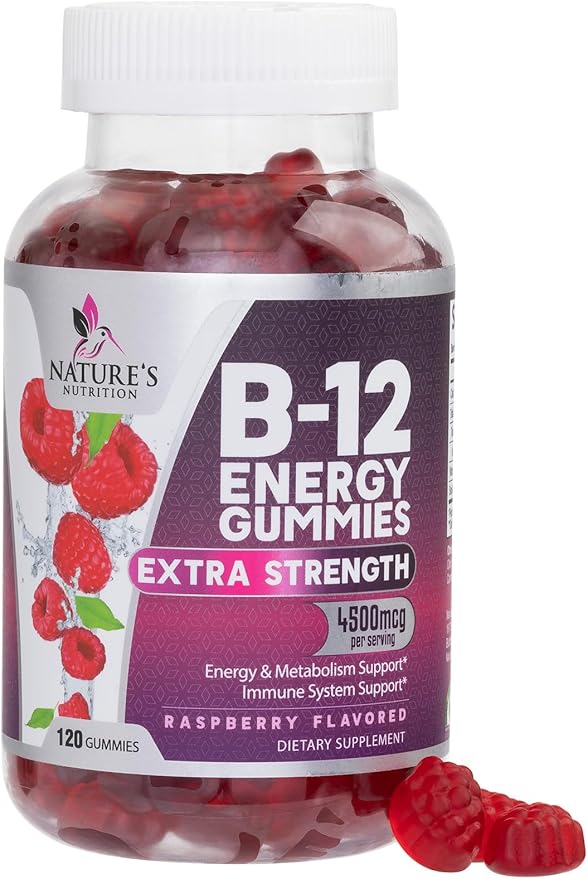 B12 Energy Gummies - 4500 mcg Vitamin B12 Per Serving - Extra Strength Chewable B12 Supplement for Energy, Metabolism & Immune Support - For Women, Men & Kids - Natural & Berry Flavored - 120 Gummies